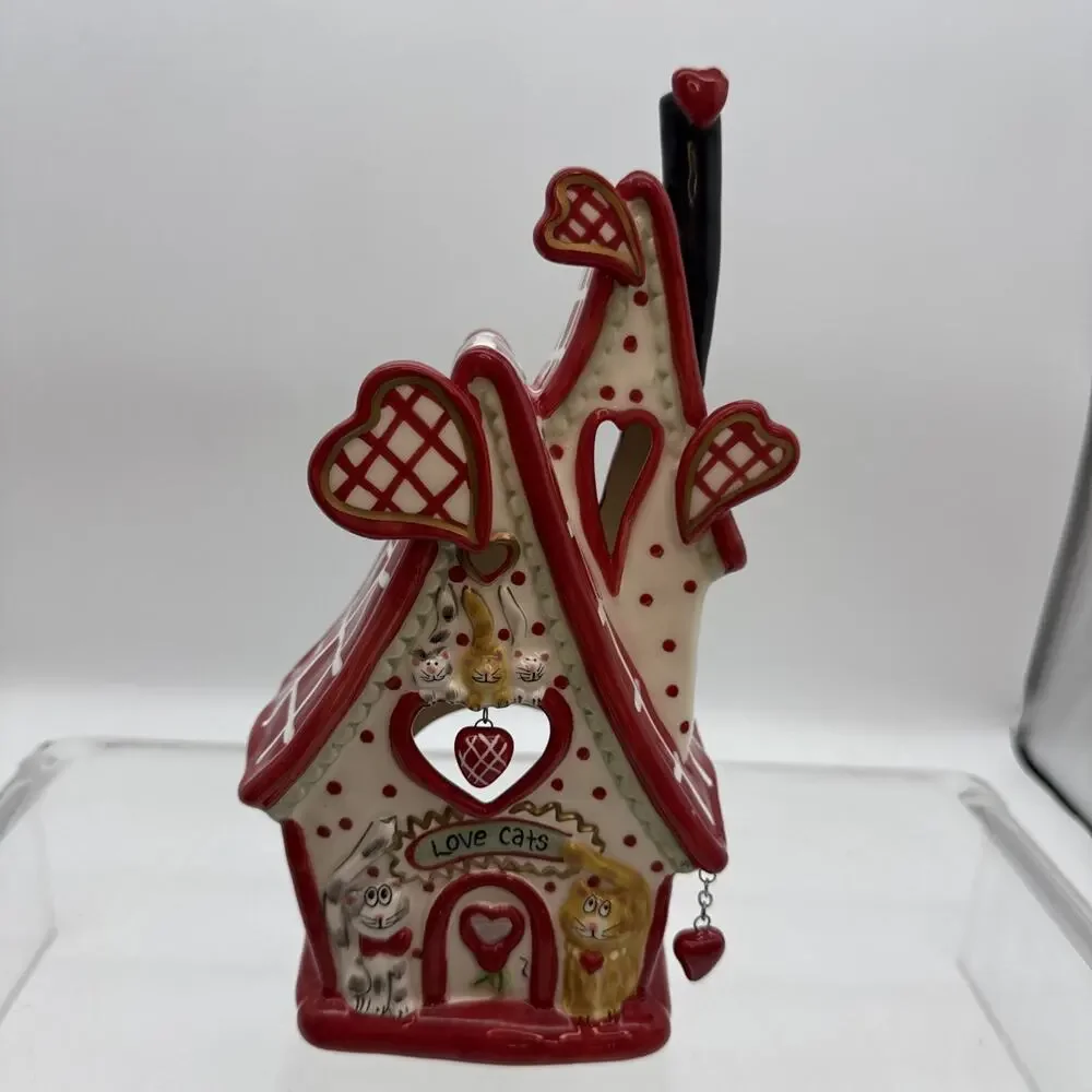 Blue Sky Clayworks “ Love Cats” Valentine Tea Light Cottage